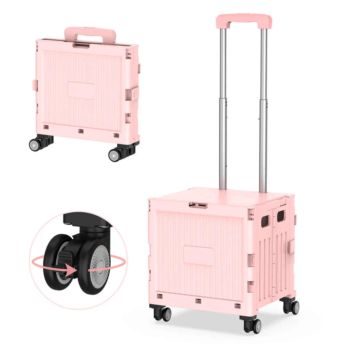 Folding Utility Shopping Trolley on Wheels Teacher Trolley Cart with Lid Portable Crate Handcart Box for Camping Shopping Pink
