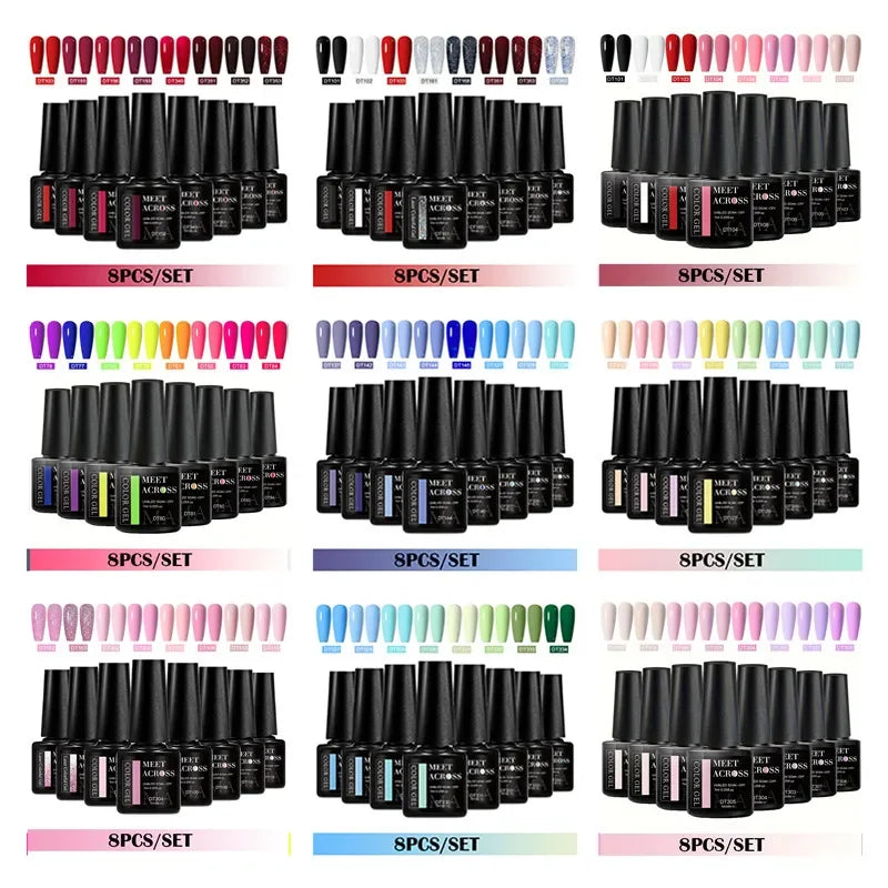 MEET ACROSS 8Pcs/Set Gel Nail Polish Set for All Season Neon Marcaron Green Red Series UV Gel Varnish Manicure Kit Nail Supplies
