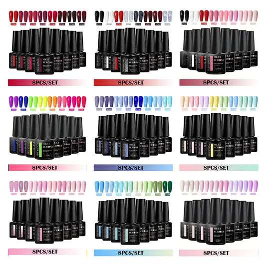 MEET ACROSS 8Pcs/Set Gel Nail Polish Set for All Season Neon Marcaron Green Red Series UV Gel Varnish Manicure Kit Nail Supplies
