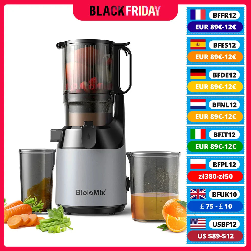 BioloMix Cold Press Juicer,with 130mm Feed Chute,Fit Whole Fruits & Vegetables,High Juice Yield,BPA FREE Slow Masticating Juicer