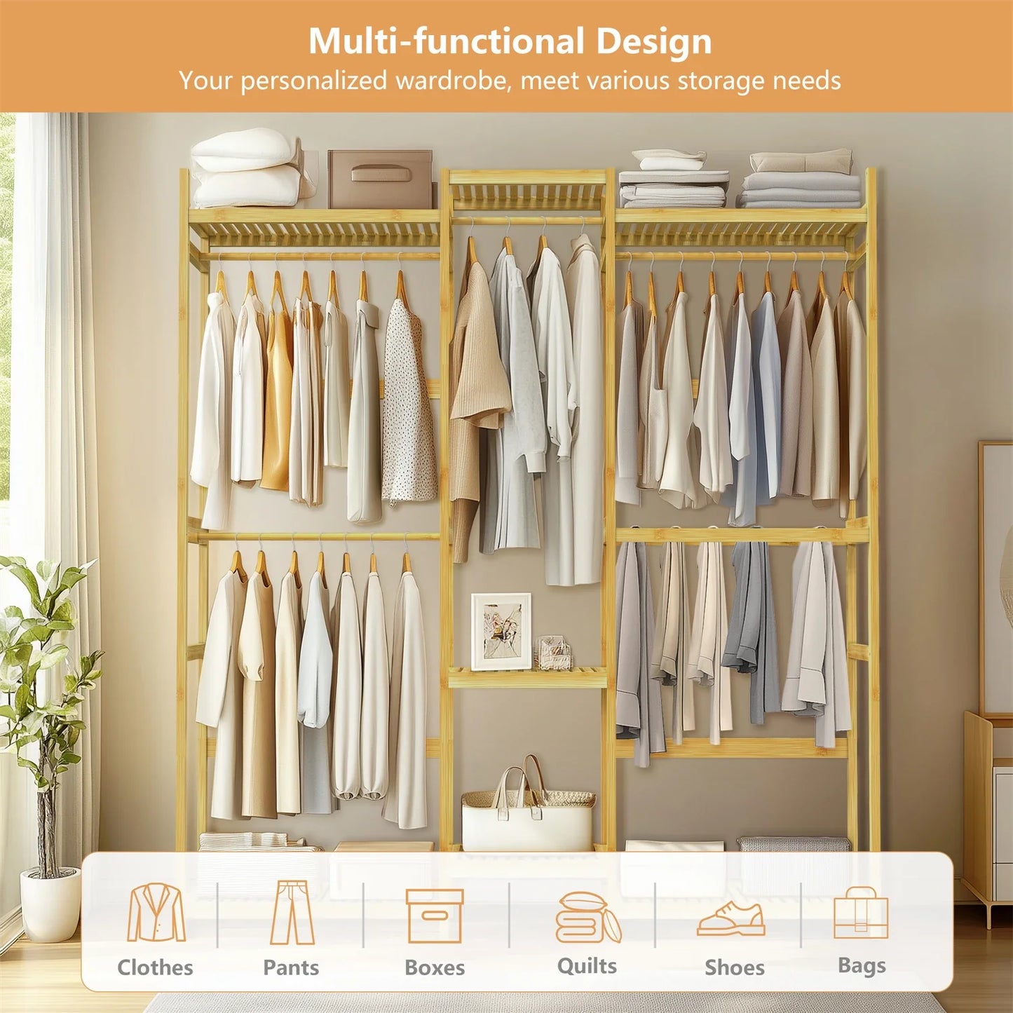 Extra Large Bamboo Clothes Stand Multytier Storage Shelves Clothes Hanging Rack with Hanging Rails for Cloakroom, Bedroom