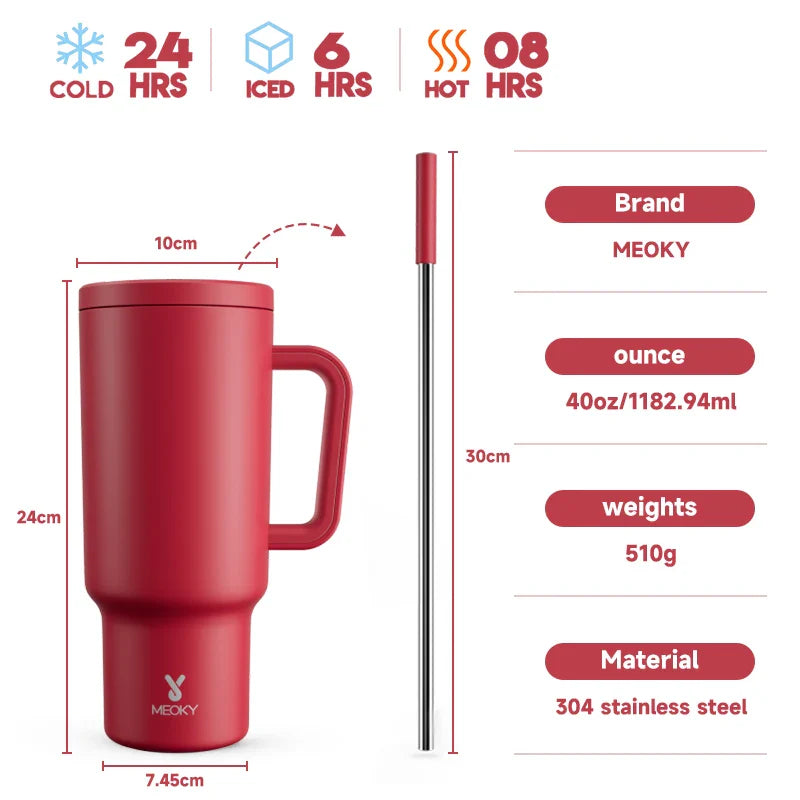 Meoky New 40oz Handle Tumbler Keep Hot Insulation Coffee Cup Multicolor Stainless Steel Leak-proof Car Mug Vacuum Bottle Winter