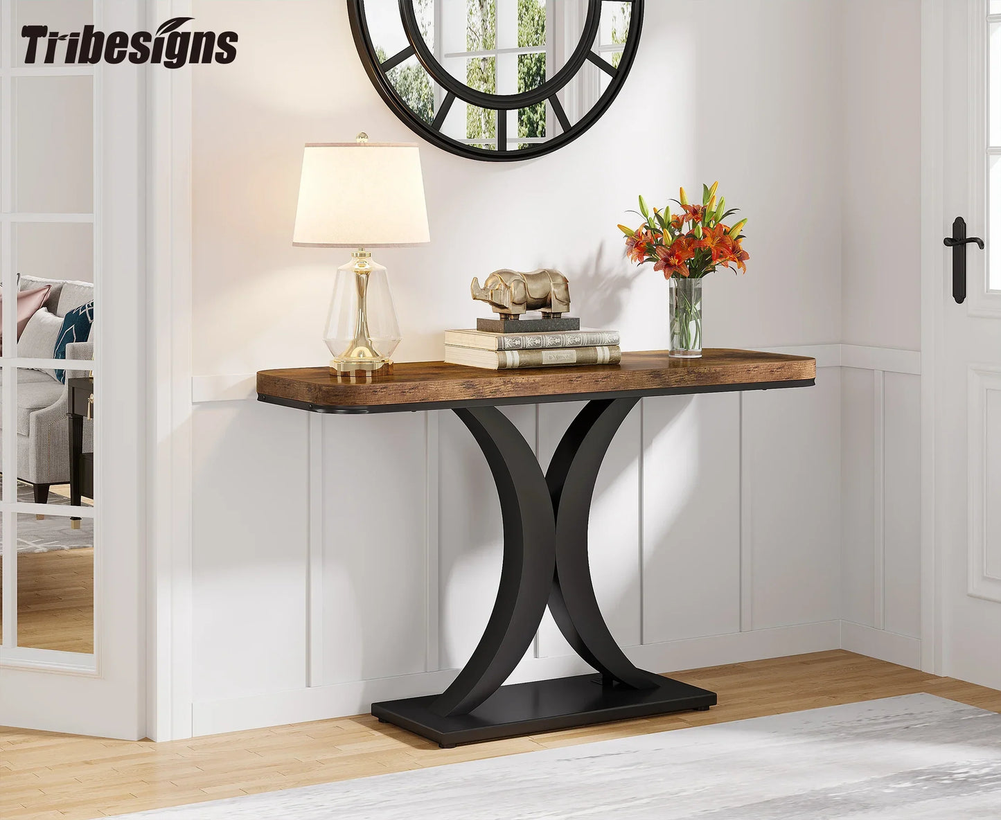 Tribesigns Industrial Console Table, 40 inch Narrow Entryway Foyer Table with Geometric Base, Rustic Hallway Accent Table