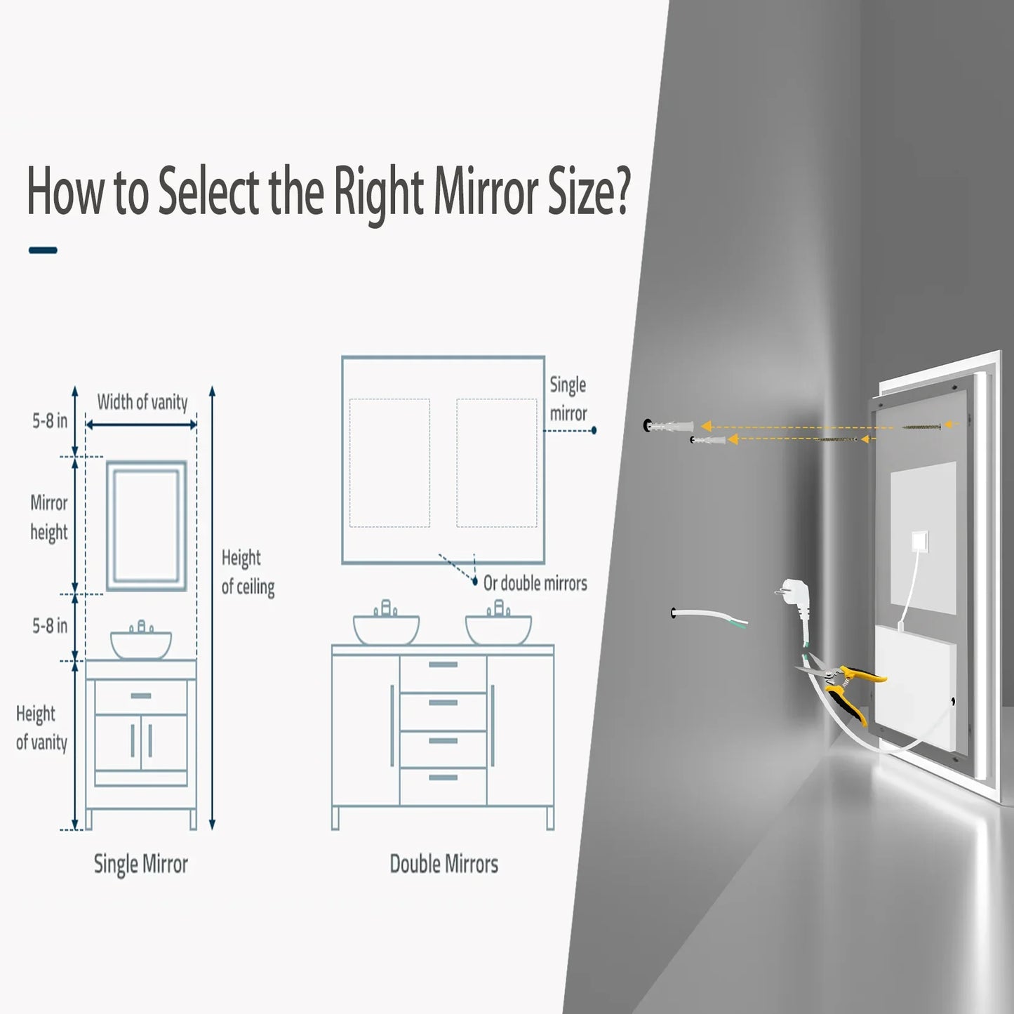 LED Light Bathroom Mirror Illuminated Wall Mounted Vanity Makeup Anti-Fog Rectangle 3 Colors Touch Light