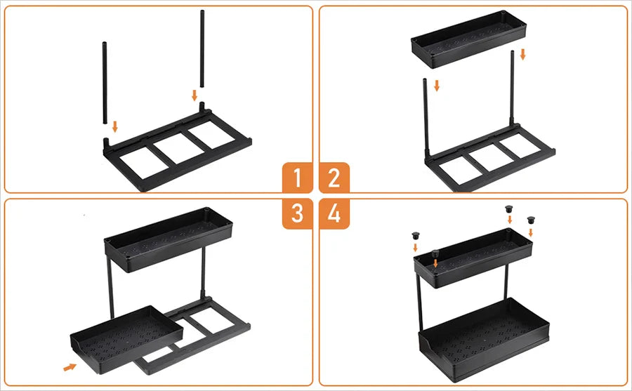 2 Pack Kitchen Under Sink Storage Organiser Rack with Sliding Drawer 4 Hooks 2 Tier Multi-purpose Pull Out Drawer for Bathroom