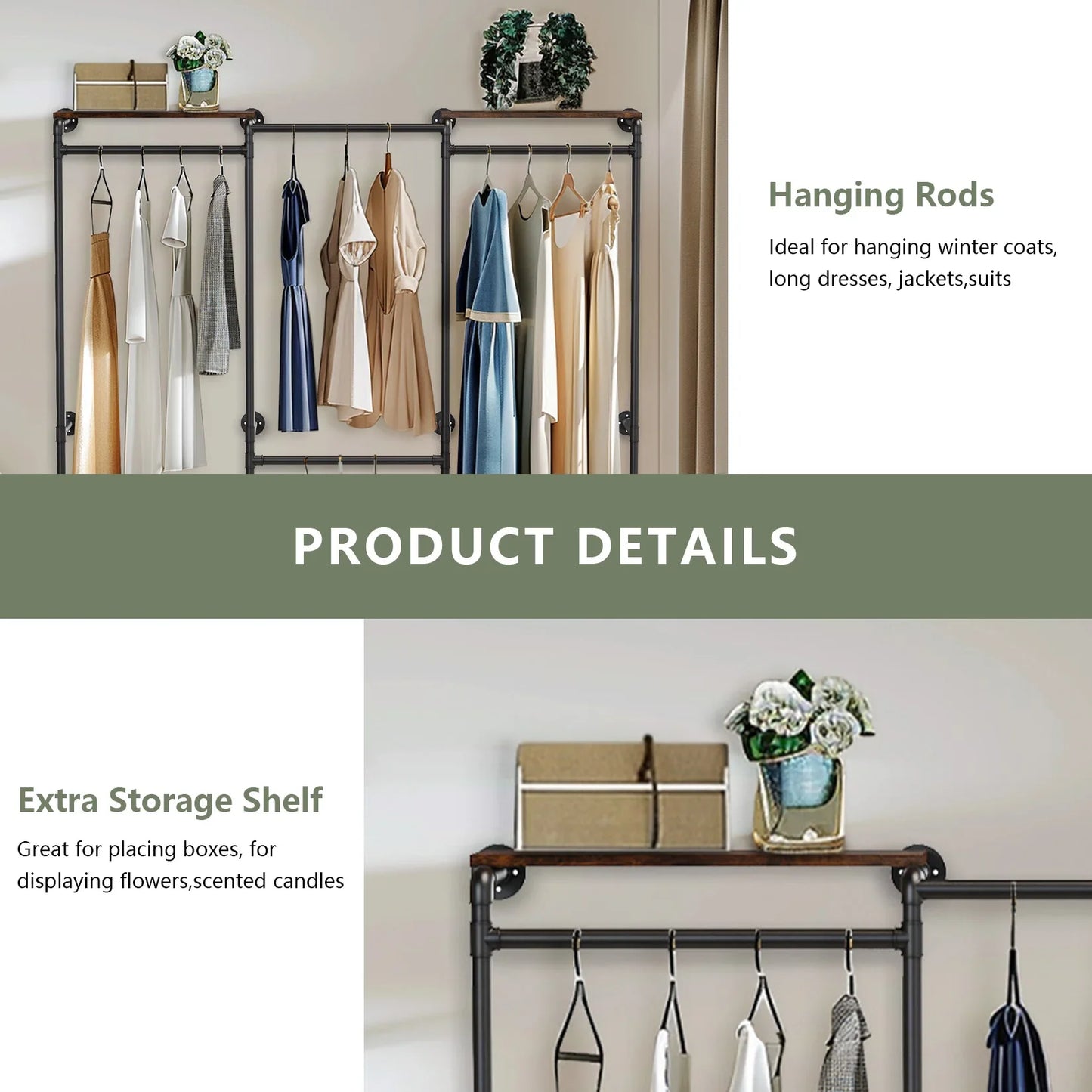 Industrial Pipe Clothes Rack, Wall-Mounted Metal Clothes Stand, Walk-in Wardrobe, with Shelves