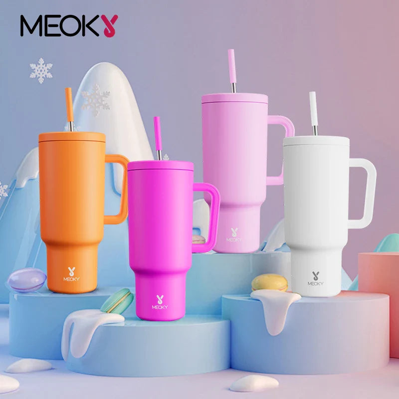 Meoky New 40oz Handle Tumbler Keep Hot Insulation Coffee Cup Multicolor Stainless Steel Leak-proof Car Mug Vacuum Bottle Winter
