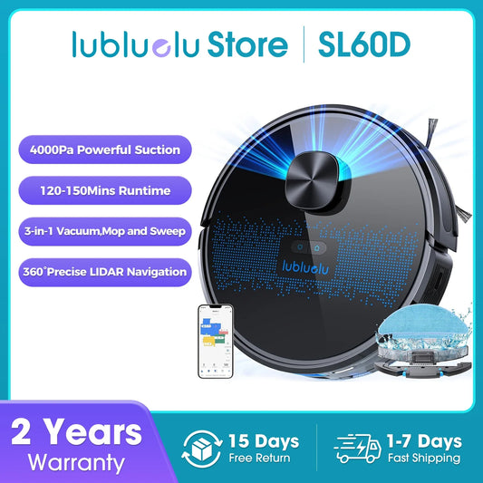 Lubluelu SL60D Robot Vacuum and Mop Combo - 4000Pa Suction, 150Mins Runtime, Quiet Operation, 10 No-Go Zones For Pet Hair Carpet