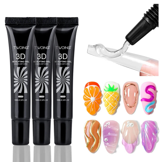 3pcs 3D Nail Art Gel - DIY Designs,Waterproof Sculpting gel,Waterproof Nail Art Design Gel for Intricate Carvings & Shapes 10ml