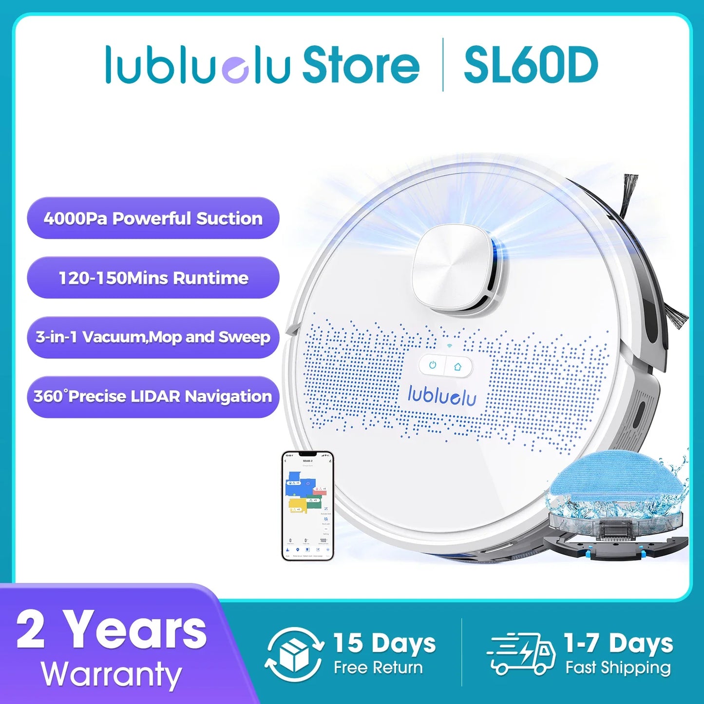 Lubluelu SL60D Robot Vacuum and Mop Combo - 4000Pa Suction, Quiet Operation, 150Mins Runtime10 No-Go Zones, Smart App Control