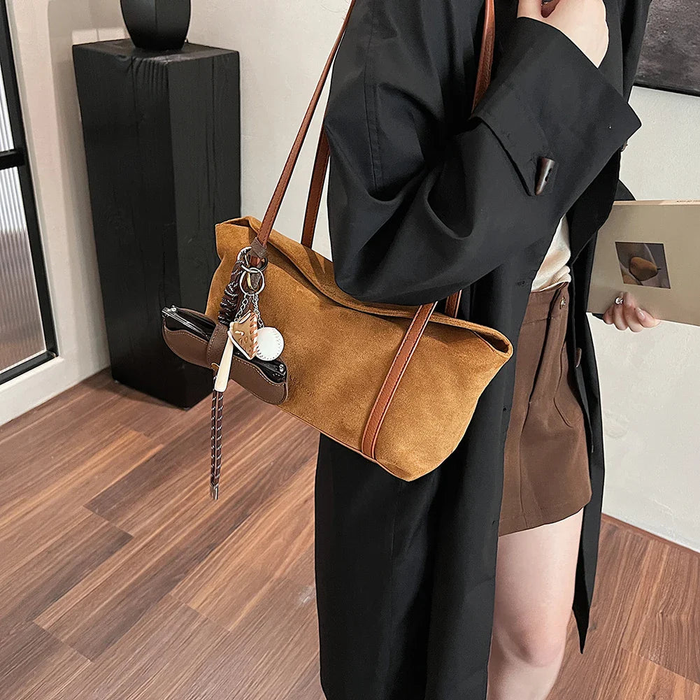 Autumn and Winter Vintage Women's Bag Suede Shoulder Bag Luxury Designer Top Handle Clutch Bag Purse for Women Retro Handbags