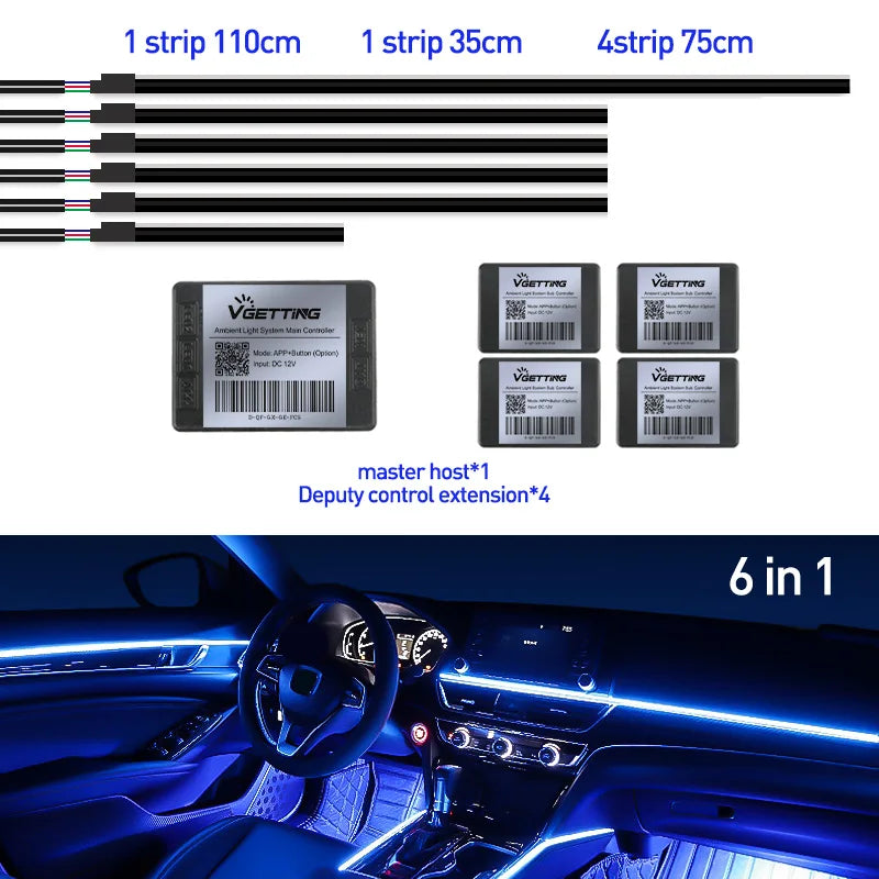 Full Color Streamer Car Ambient Lights RGB 64 Color Universal LED Interior