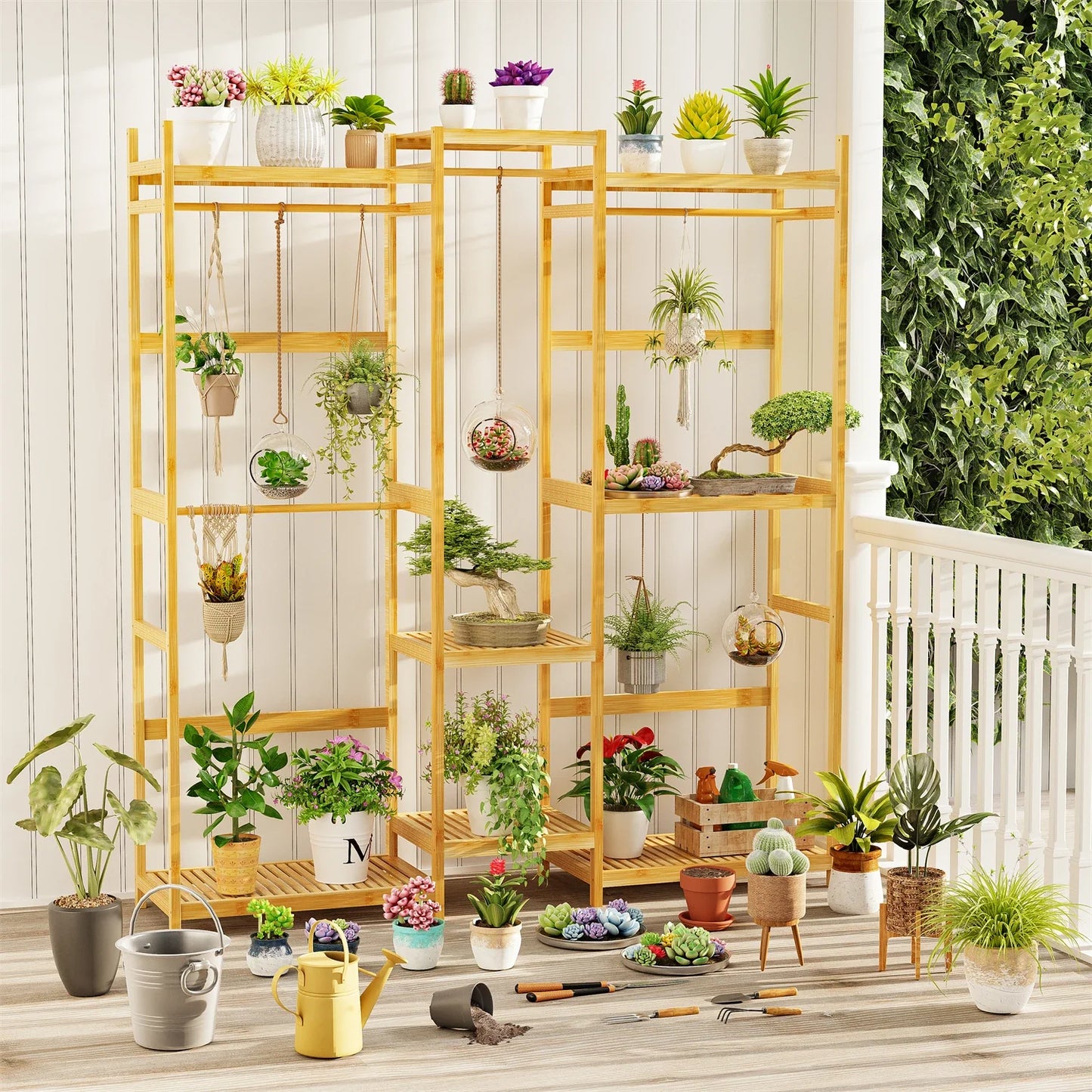 Extra Large Bamboo Clothes Stand Multytier Storage Shelves Clothes Hanging Rack with Hanging Rails for Cloakroom, Bedroom