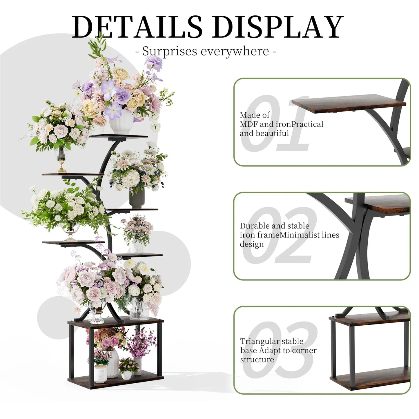 7 Tier Tree Shaped Plant Stand for Patio Living Room Metal Plant Flower Pot Display Holder Multiple Shelves