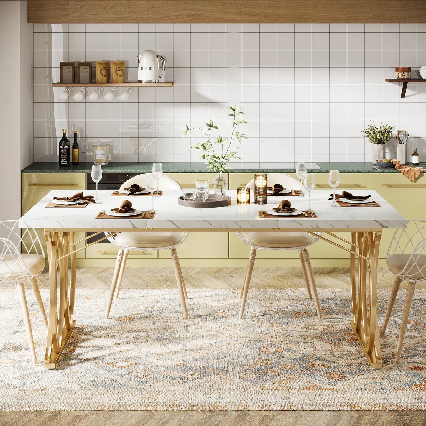 Tribesigns 63-Inch Rectangular Dining Table for 4 to 6, Modern Kitchen Table with Faux Marble Table Top, White Dinner Tables