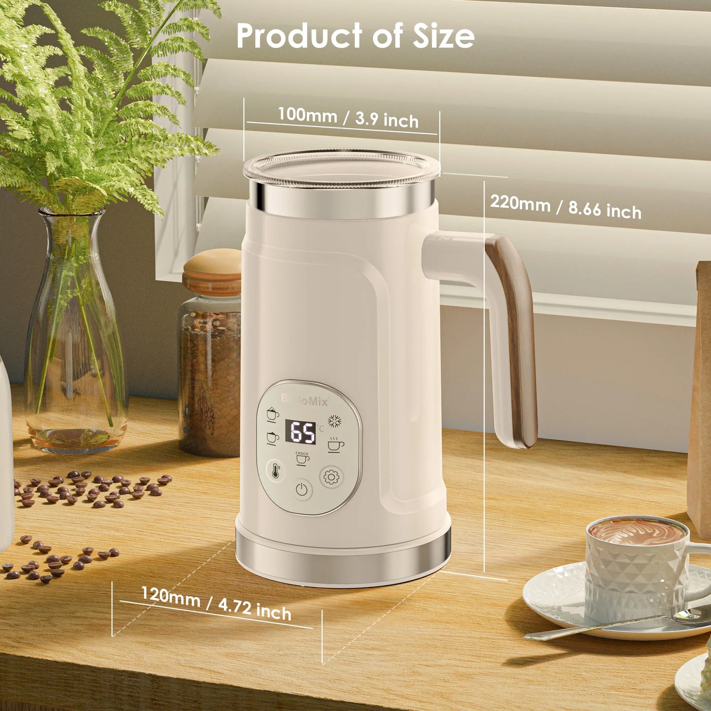 BioloMix Upgraded 5-in-1 LED Touch Screen Milk Frother for Lattes & Coffee, Hot And Cold Foam Maker