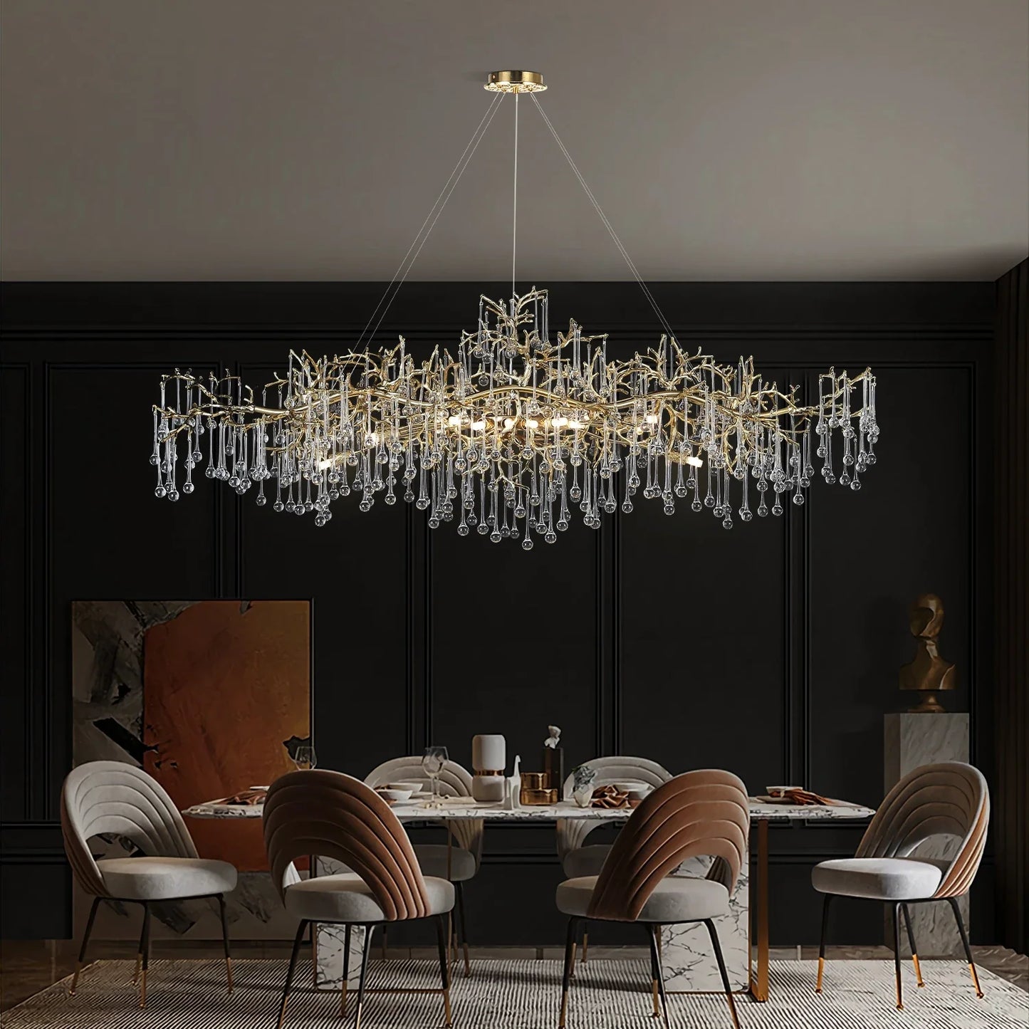 Large Vintage Golden Ceiling Crystal Chandelier