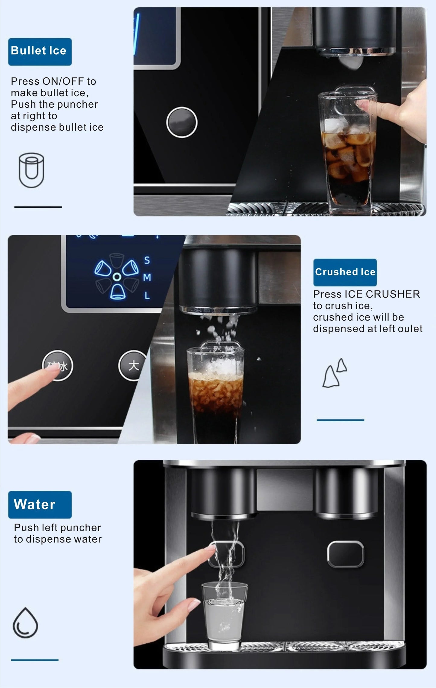 Countertop Ice Maker With Cold Water 2 Size Ice Cube Portable Automatic Ice Cube Making Machine With Crusher Direct Manufacturer