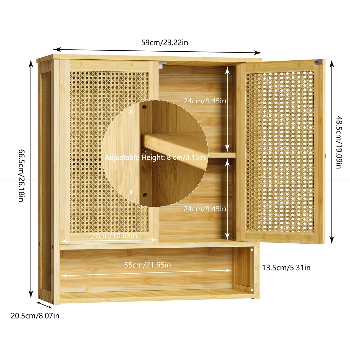 Bamboo Bathroom Wall Cabinet, Over the Toilet, Kitchen Storage, Solid Wood, 3 Shelves, 2 Doors