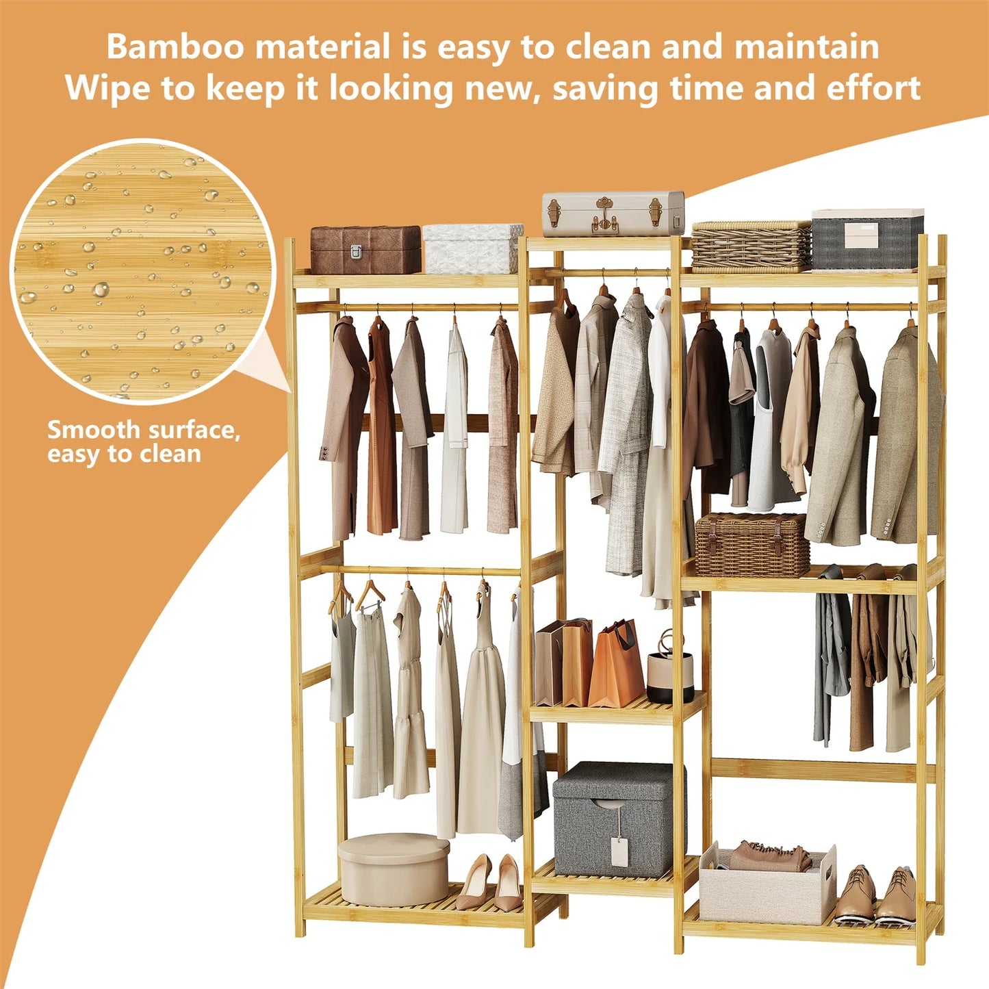 Extra Large Bamboo Clothes Stand Multytier Storage Shelves Clothes Hanging Rack with Hanging Rails for Cloakroom, Bedroom