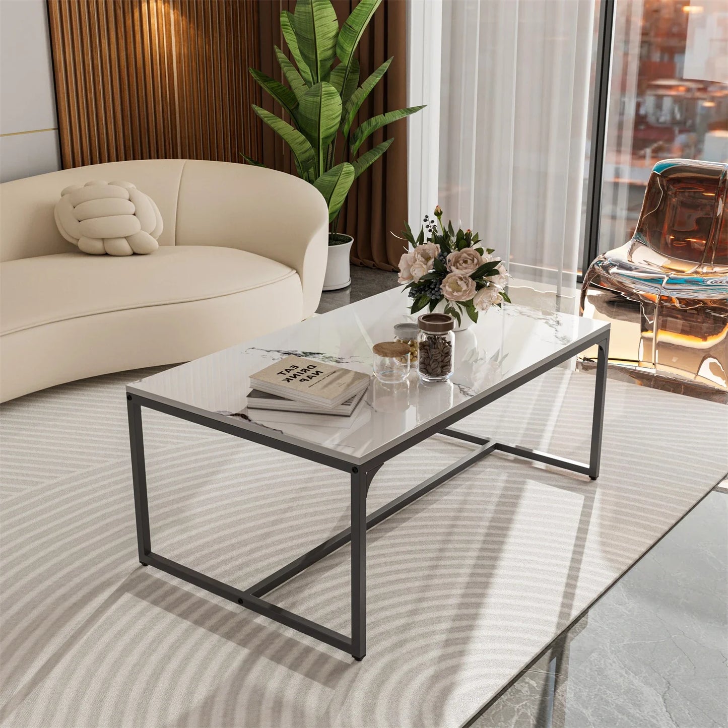 Ink Painting Texture Rectangular Coffee Table Modern Chic Sofa Side Sintered Stone-top Center Table Aluminum Frame