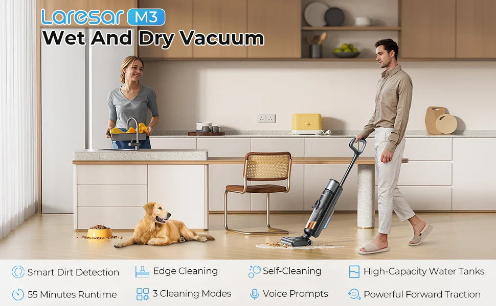 Laresar M3 Cordless Wet Dry Vacuum Cleaner Mop, Edge Cleaning 55min Auto Suction Floor Washer Self-Cleaning Smart Home Appliance