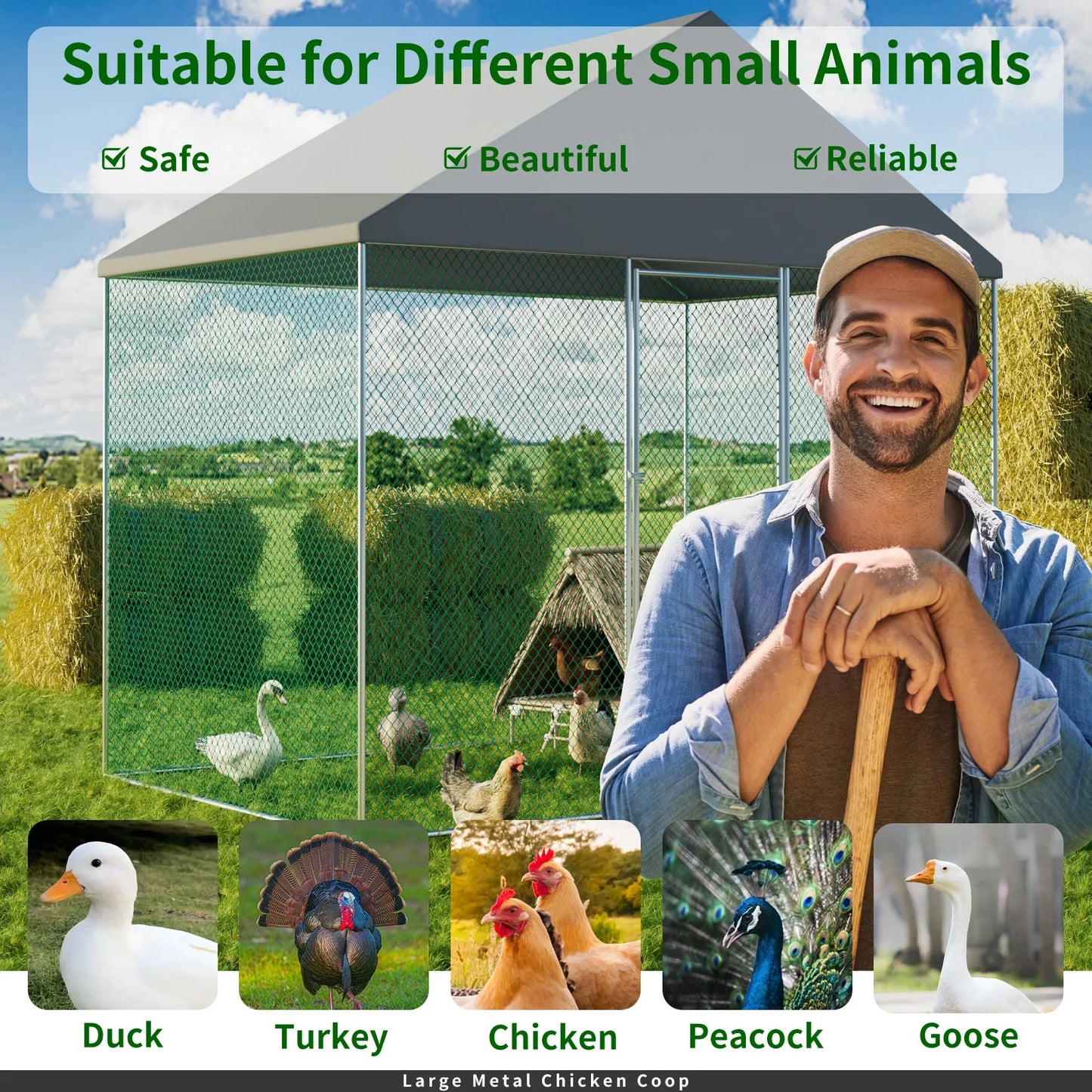 Jumbo Large Metal Chicken Coop Runs for Outdoor Yard, Walk in Chicken Cage, with Mesh and Waterproof Cover, Hen House