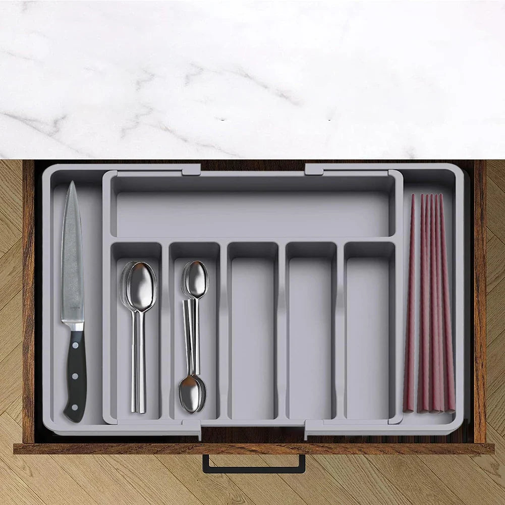 Adjustable Flatware Tableware Organizer Expandable Utensil Tray with Dividers Utensil Holder Storage Tray for Spoons Fork Knives