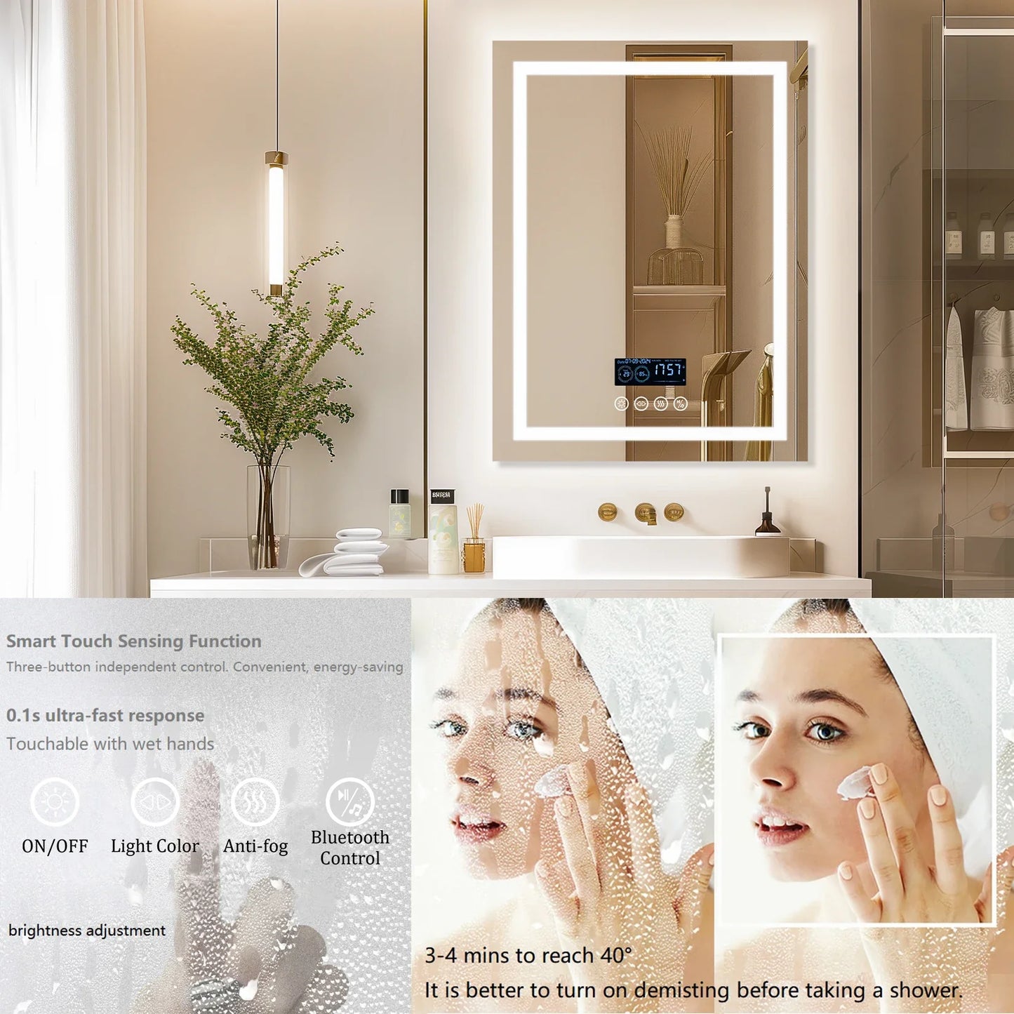 Square LED Bathroom Mirror with Bluetooth Speaker, Smart Wall Vanity Mirror, Front-lit and Backlight, Touch Anti-fog