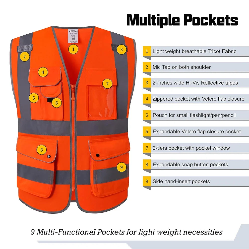 9 Pockets Class 2 High Visibility Reflective Safety Vest for Men Women Work Construction Orange Safety Vests Hi Vis Workwear