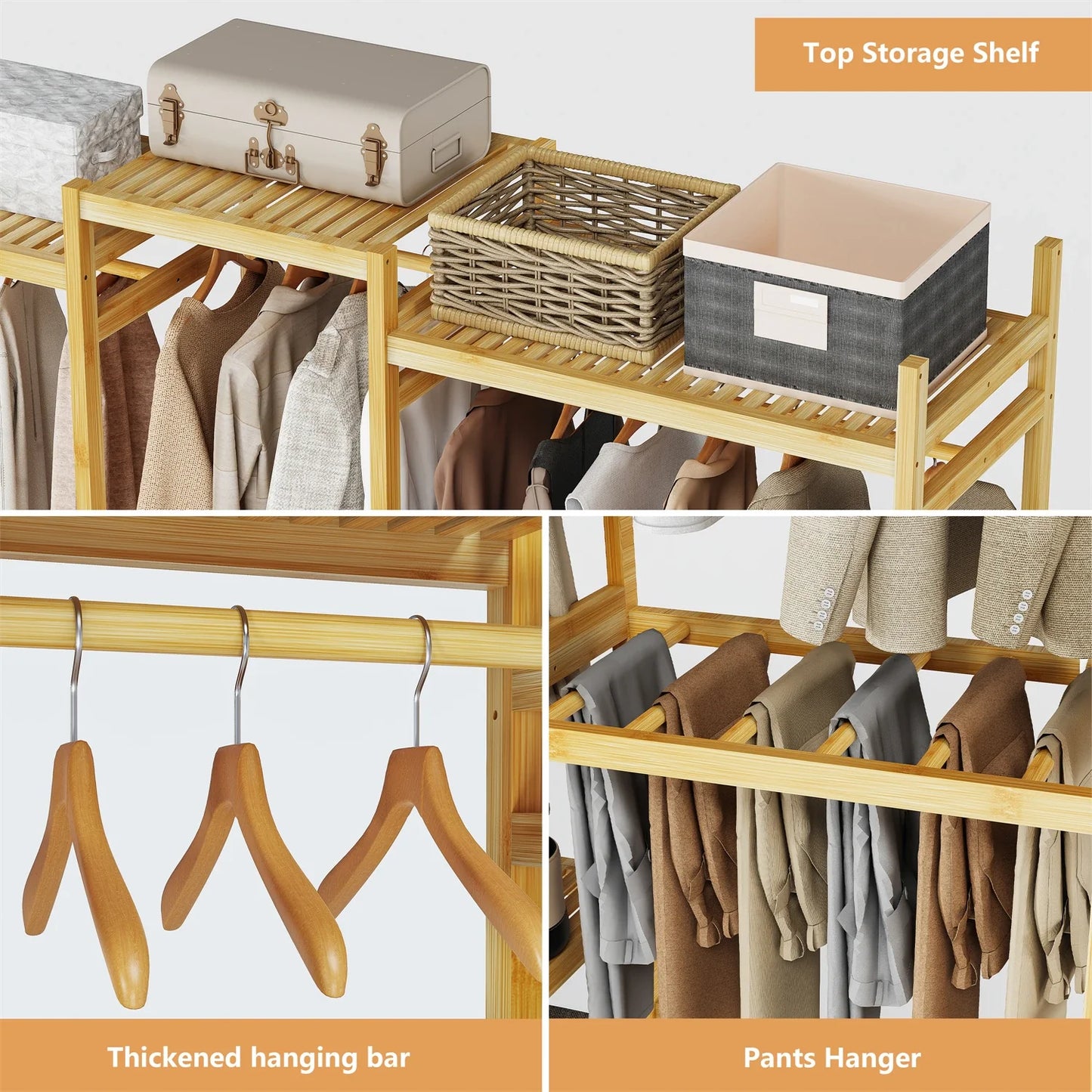 Extra Large Bamboo Clothes Stand Multytier Storage Shelves Clothes Hanging Rack with Hanging Rails for Cloakroom, Bedroom