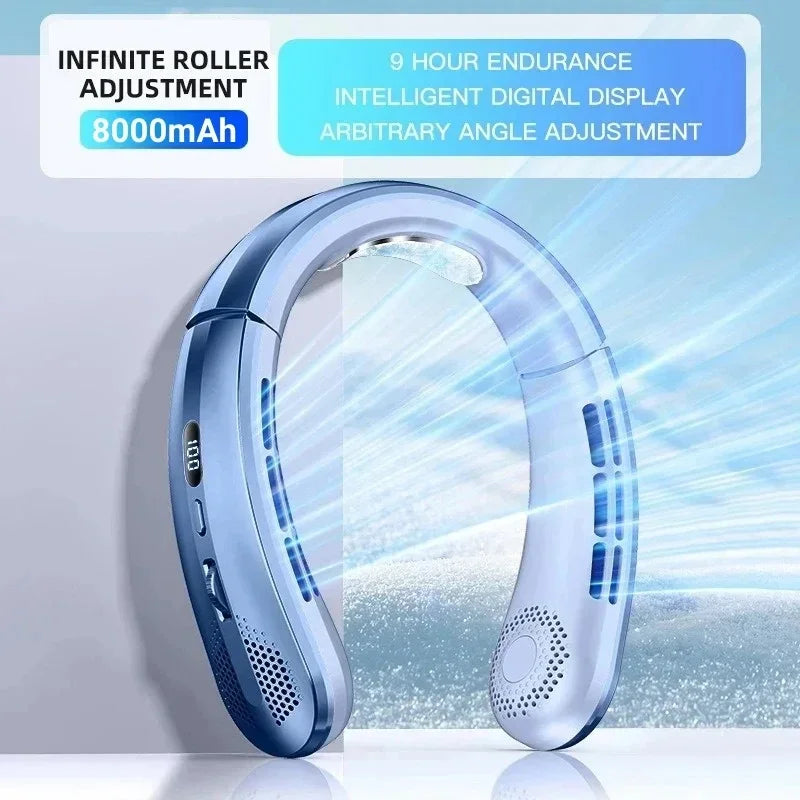 8000mAh USB Hanging Neck Fan Portable Bladeless Mini Rechargeable Mute LED Digital Display Electric Fans Air Cooler New