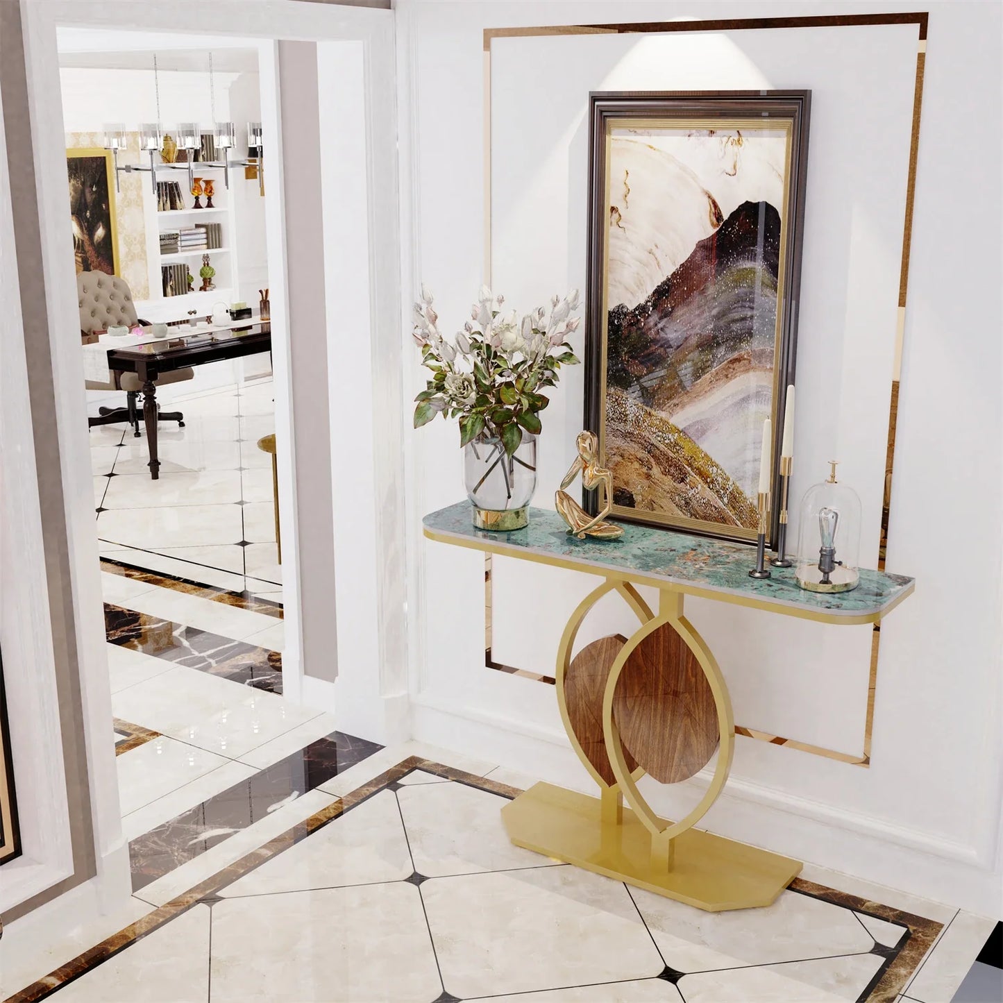 Exclusive Design Gold Leaf Console Table Entryway Accent Table Office Coffee Bar Metal Frame