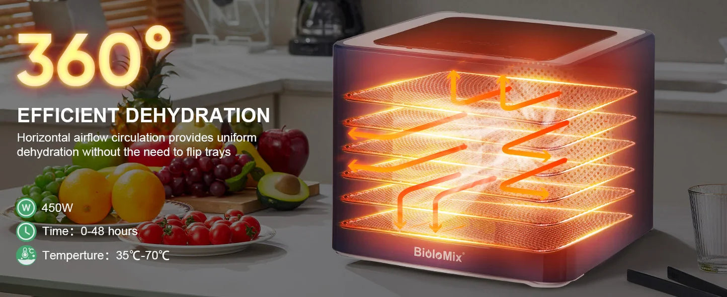 BioloMix 6 Trays Food Dehydrator with LED Touch Control,Digital Temperature and Time,Dryer for Fruit Vegetable Meat Beef Jerky