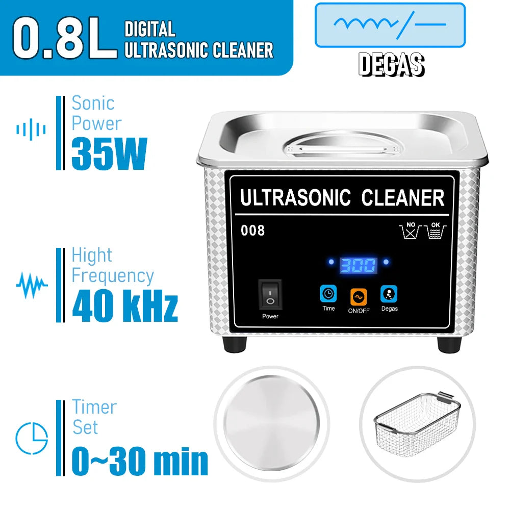 800ml Household Digital Ultrasonic Cleaner 30W/60W Stainless Steel Bath Degas Ultrasound Washing for Watches Jewelry