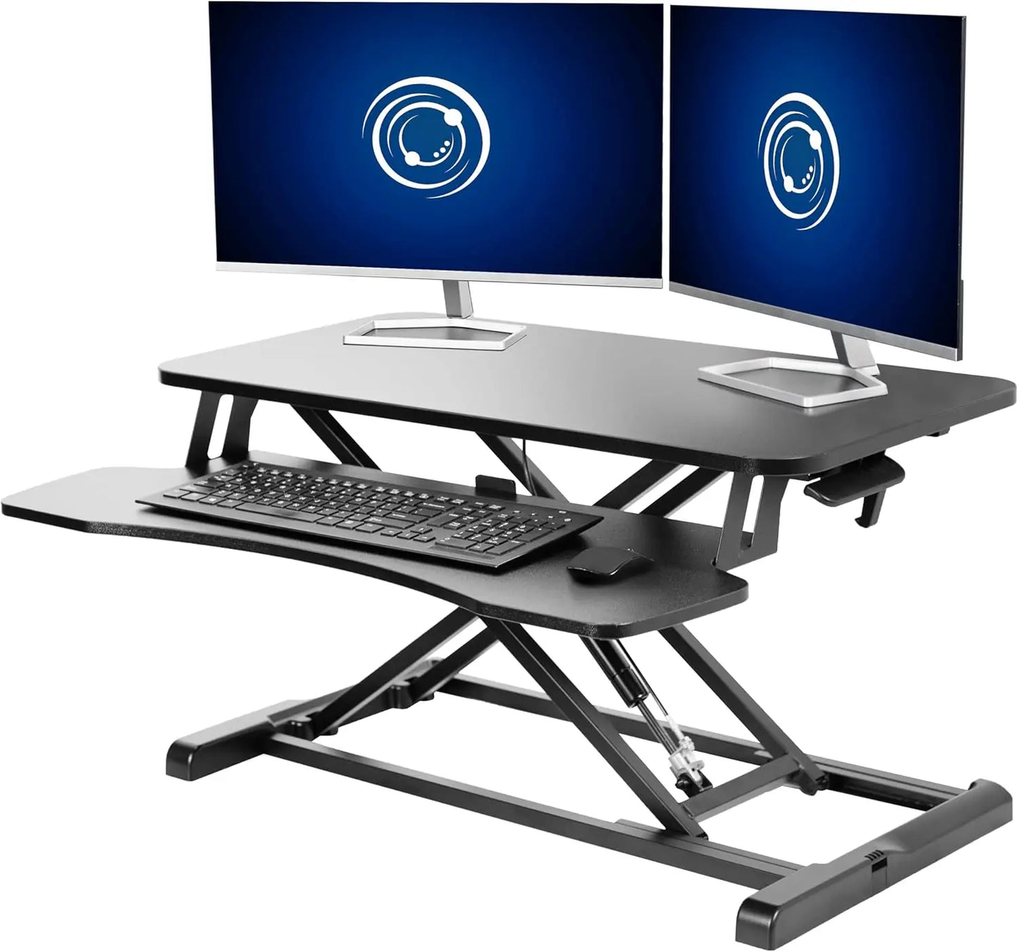 81 cm Desk Converter, Height Adjustable Riser, Sit to Stand Dual Monitor and Laptop Workstation with Wide Keyboard Tray