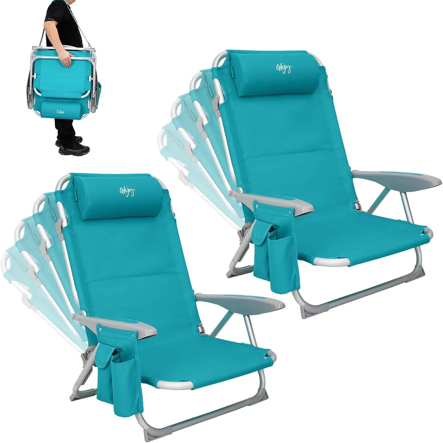 4-Position Adjustable Beach Chair Set of 1/2, Folding Low Reclining Camping Chair with High Back Pillow Pocket