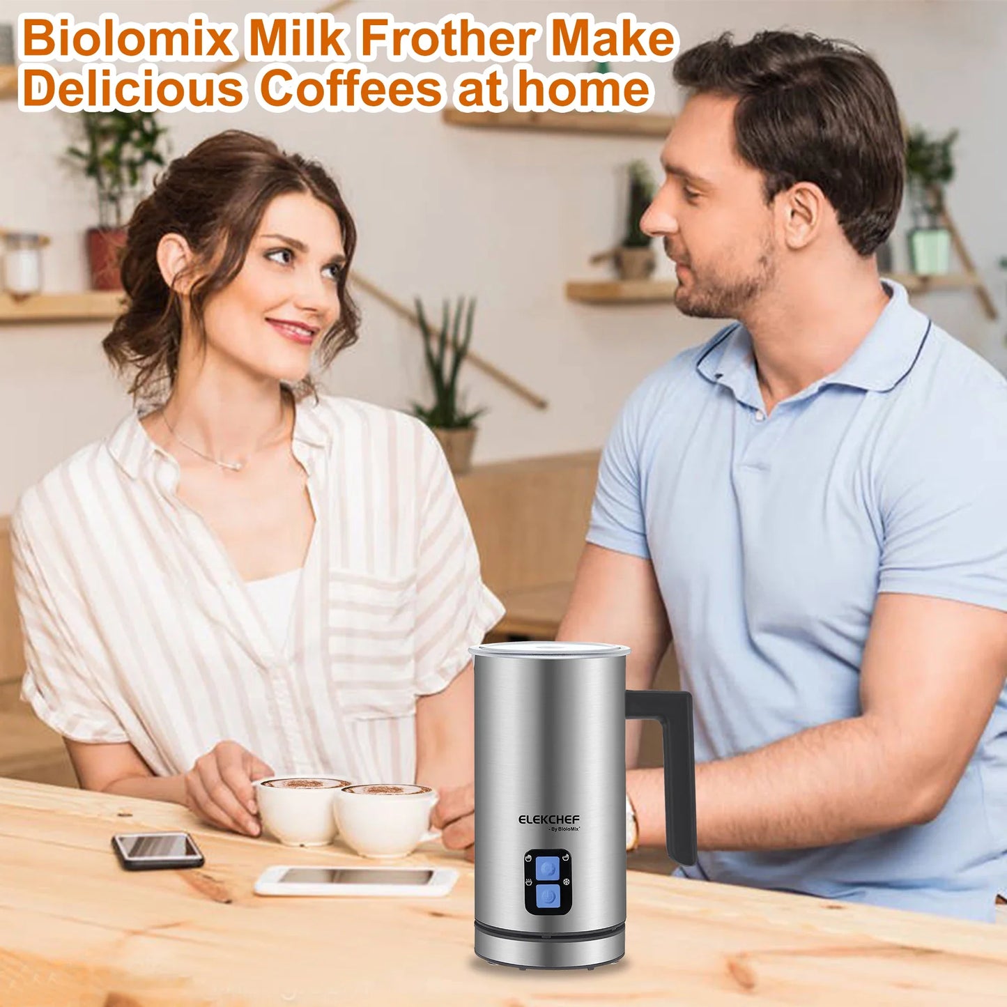 BioloMix Upgraded Stainless Steel 4 in 1 Milk Frother Frothing Foamer Automatic Milk Warmer Cold/Hot Latte Cappuccino Chocolate