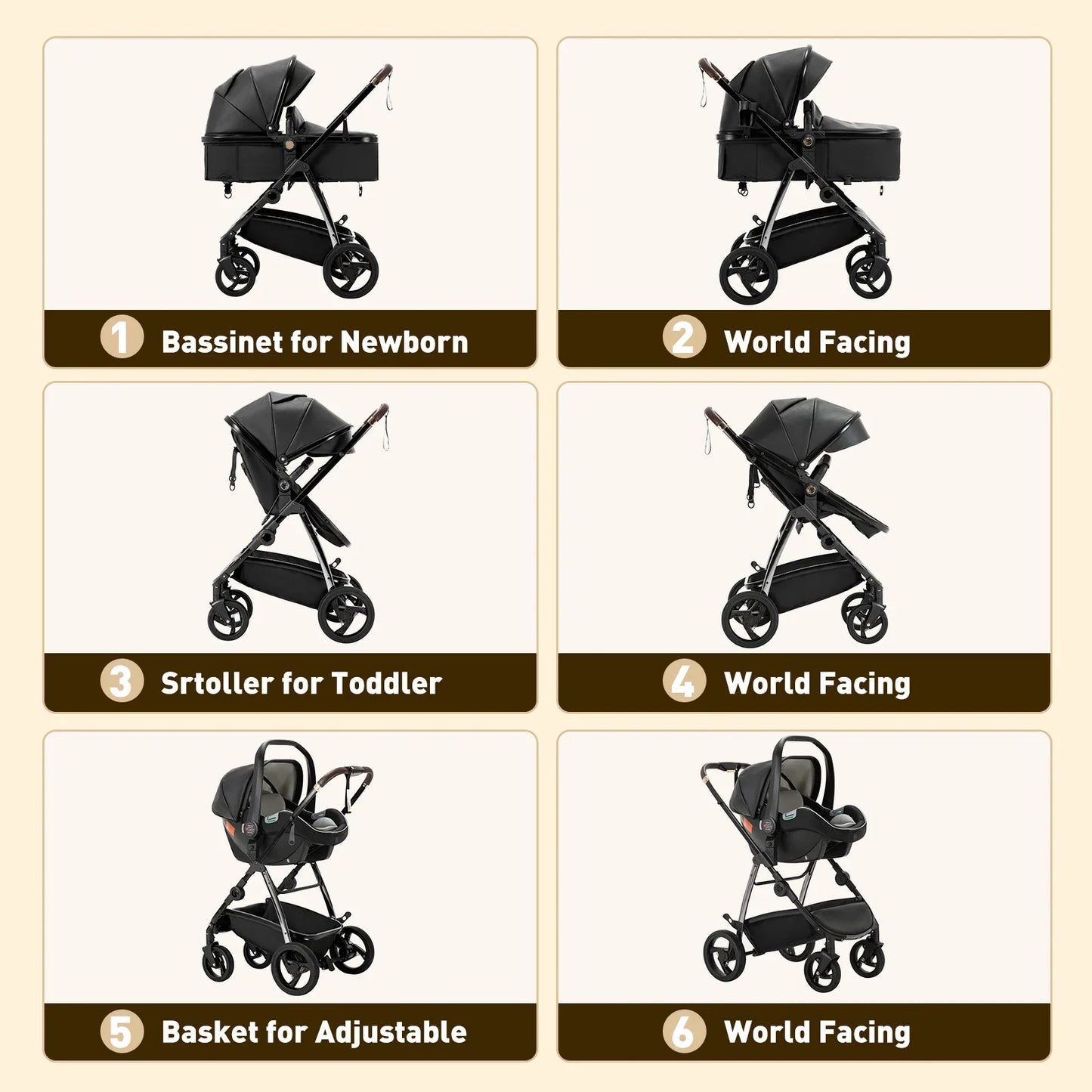 Baby stroller 3 in 1 Baby carriage Portable luxurious travel pram High landscape newborn baby stroller with baby carrier PU