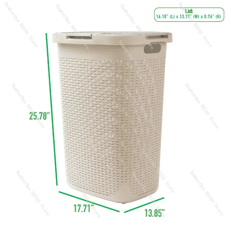 60 Liter Plastic Laundry Basket with Cutout Handles & Lid, Ivory