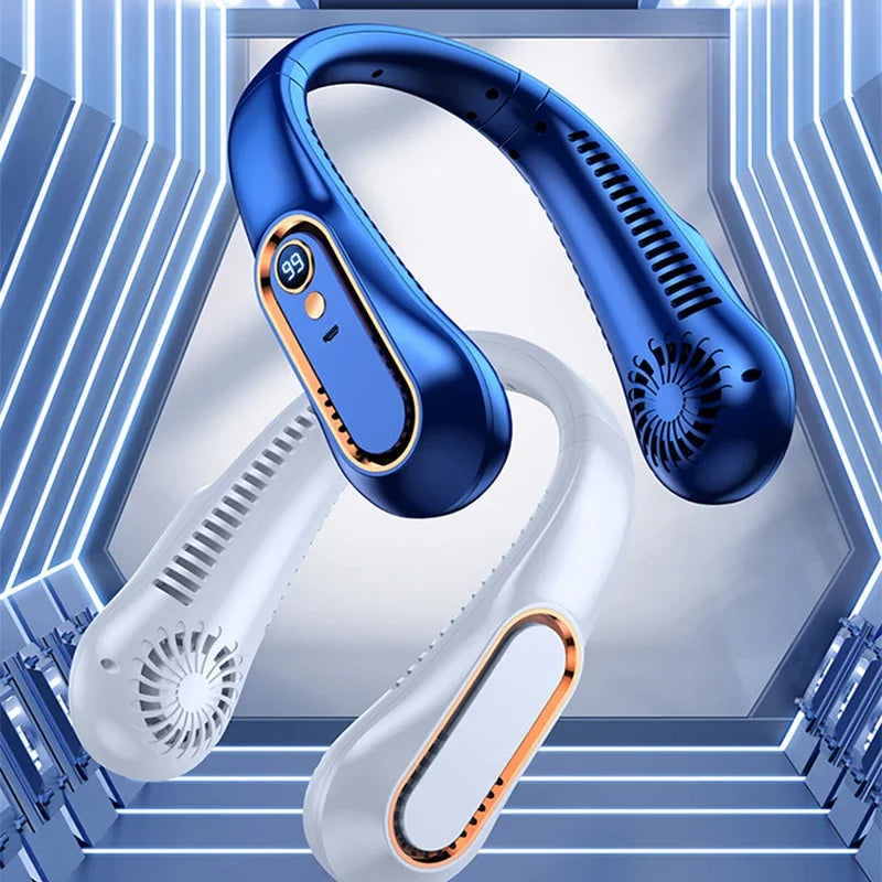 3000mAh Hanging Neck Fan Portable Bladeless Mini USB Rechargeable Mute LED Digital Display Electric Fan Summer Air Cooler ﻿