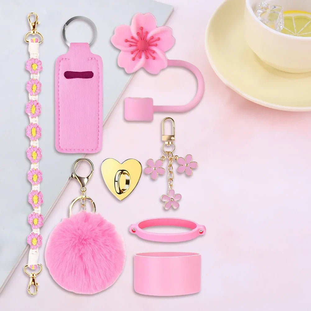 8Pcs/Set Siliocne Cup Sleeve Straw Lid Handle Strap Keychain Lipstick Pouch for Stanley 40oz Tumbler Accessories Set