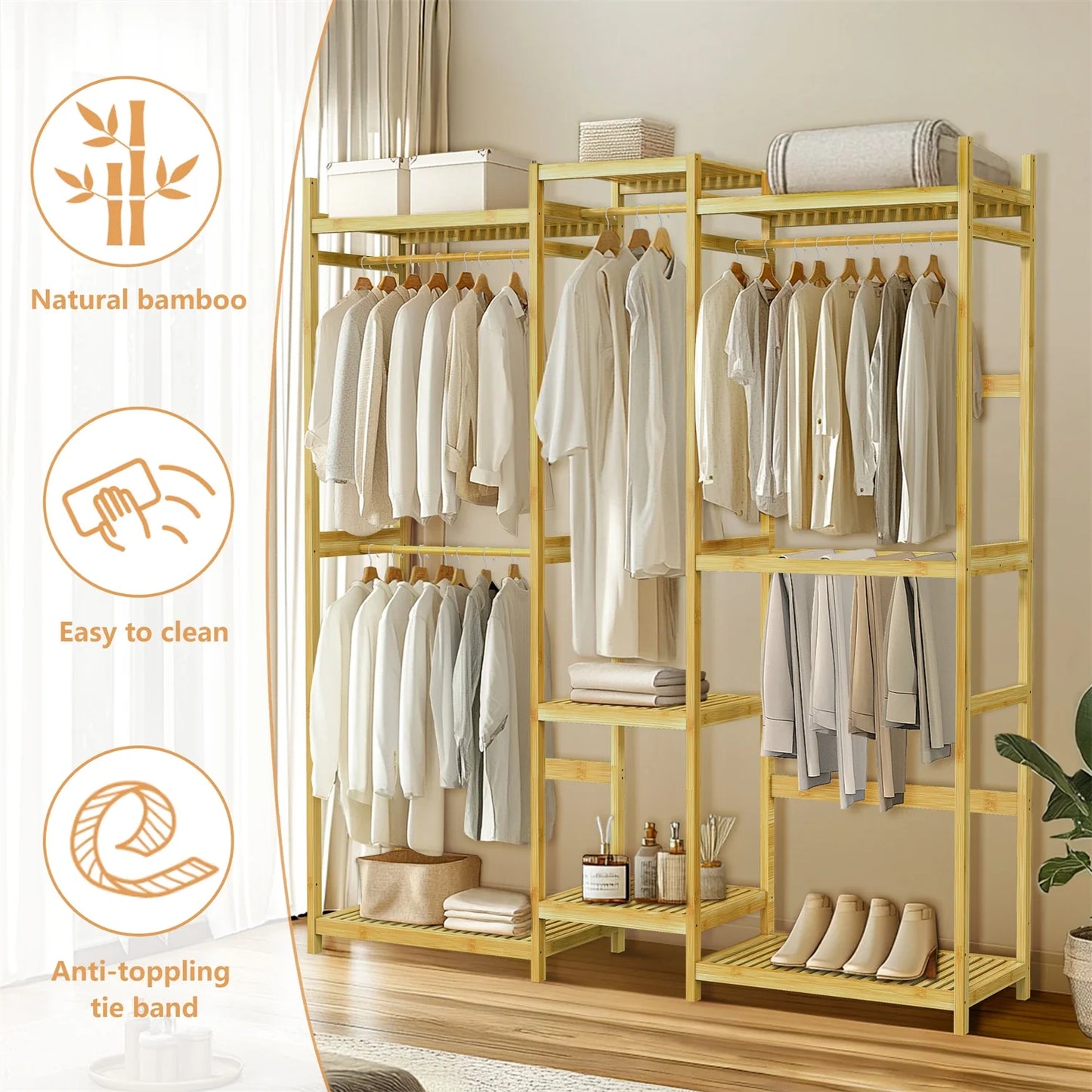Extra Large Bamboo Clothes Stand Multytier Storage Shelves Clothes Hanging Rack with Hanging Rails for Cloakroom, Bedroom