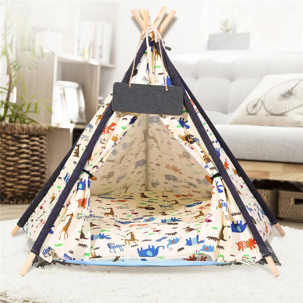 BingoPaw-Foldable Pet Tent with Cushion Pad, Cute Dog Bed House, Washable Cat Teepee, Playhouse Tents