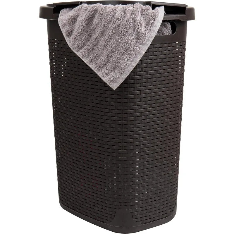 60L Slim Laundry Hamper, Clothes Basket, Lid, Wicker Design, Plastic