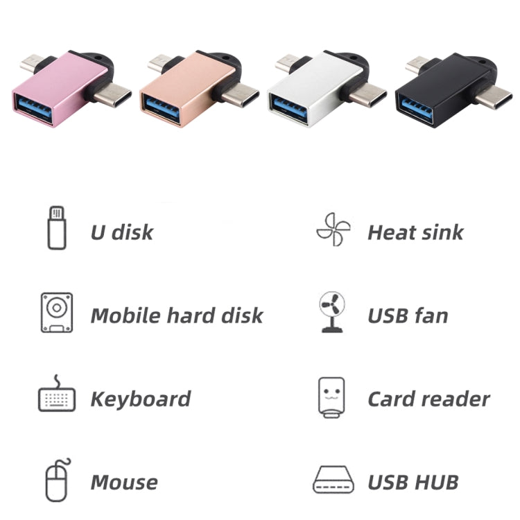 USB 3.0 Female to USB-C / Type-C Male + Micro USB Male Multi-function OTG Adapter with Sling Hole