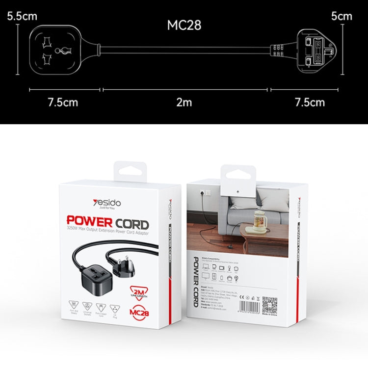 Yesido MC28 UK Plug to Universal Power Plug Extension Cable, Length: 2m, Length: 2m