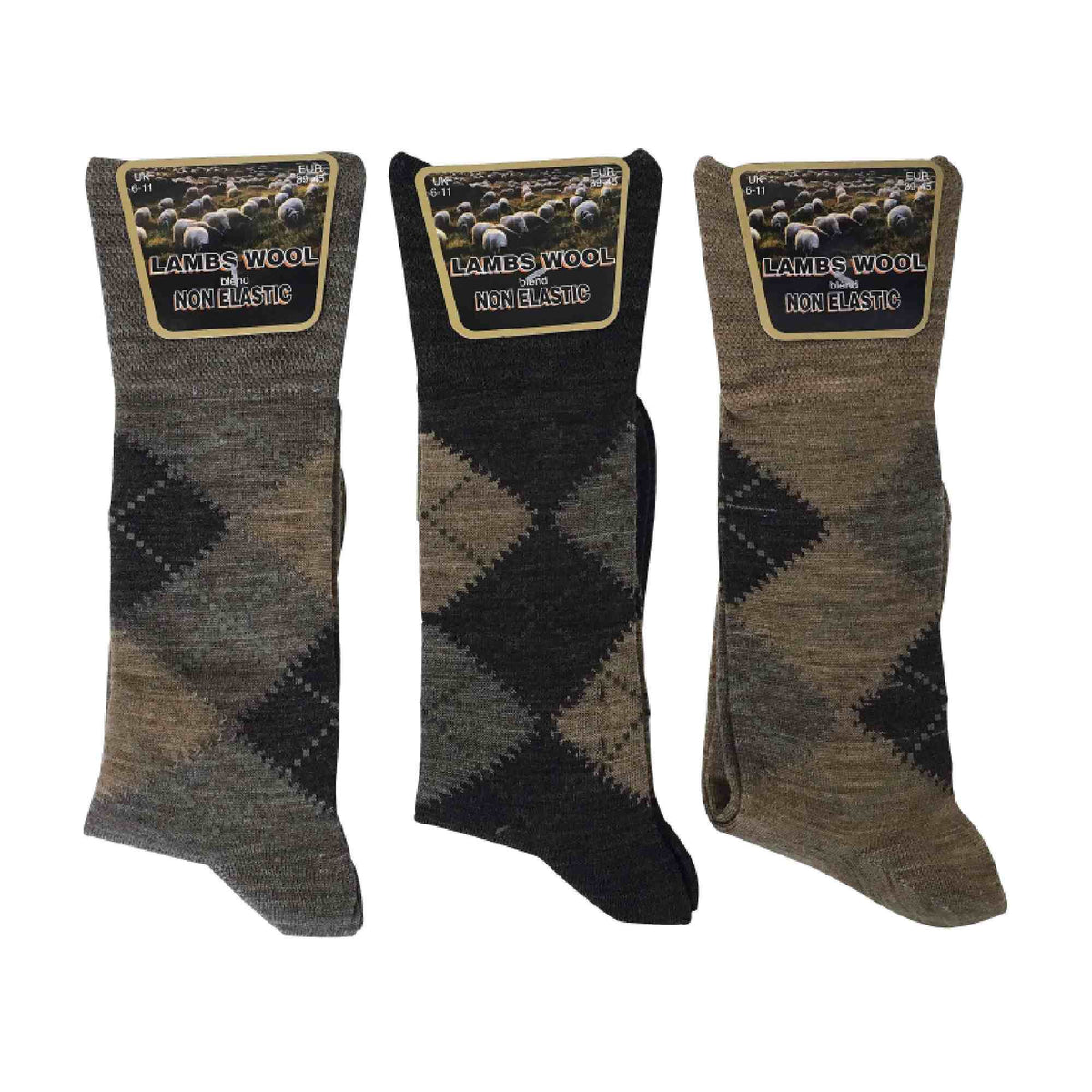 3 Pack Mens Non Elastic Lambs Wool Blend Socks with Loose Top