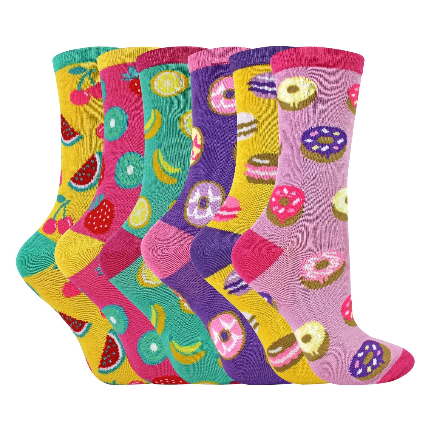 6 Pack Ladies Novelty Food Design Socks | Fun Colourful Bamboo Socks
