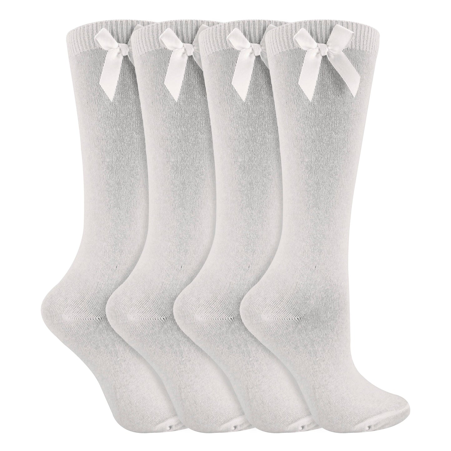 Girls 4 Pack Knee High School Socks with Ribbon Bow | Kids Plain Long Socks